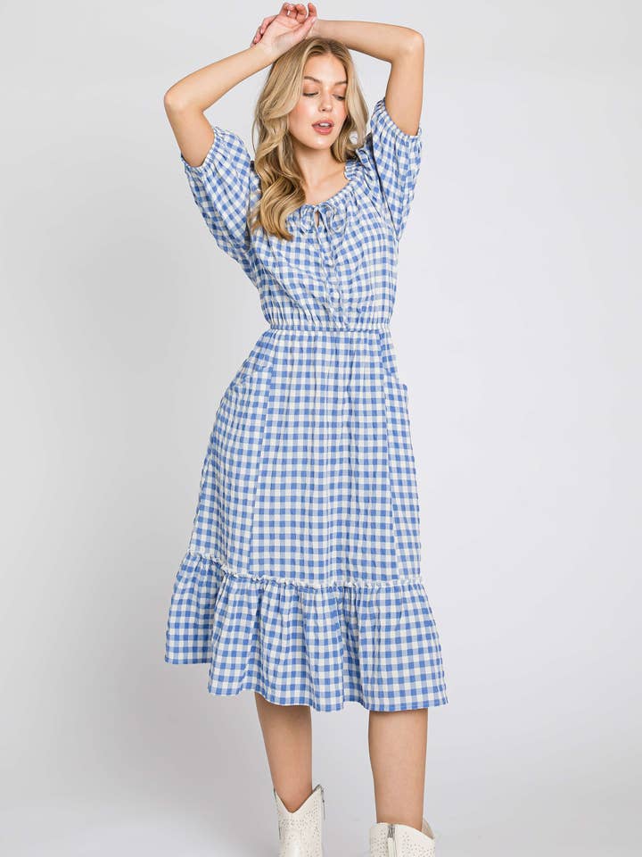 Textured gingham puff sleeve tiered dress 3140D for wholesale by ELLEBORN
