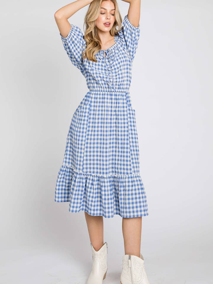 Strukturerad gingham puff ärm differentierad klänning 3140D för wholesale av ELLEBORN