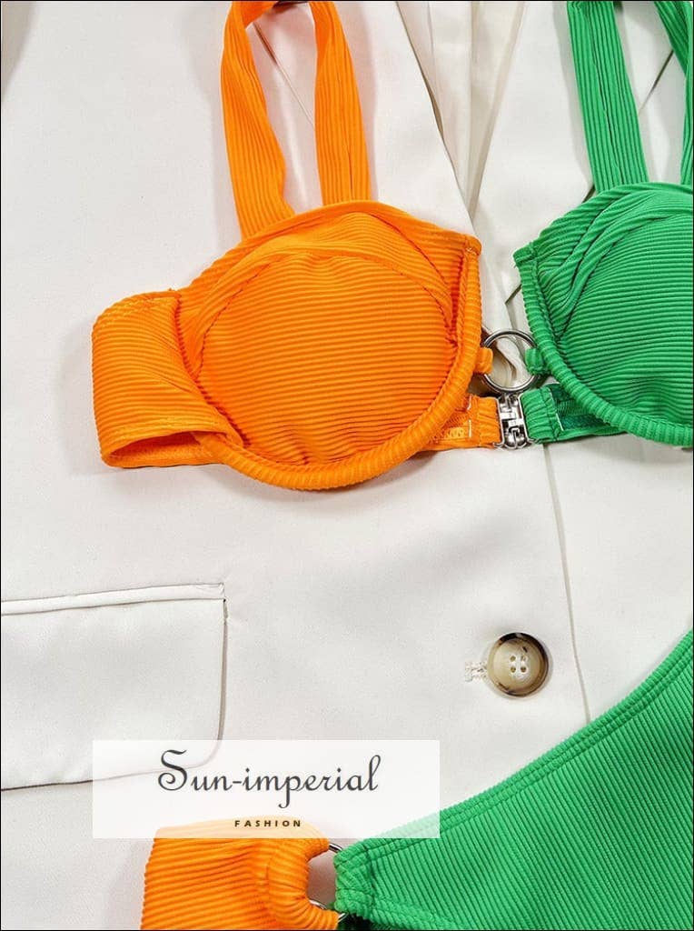 Orange Orange och grön Block färg Under Wire Bikini Set för wholesale på Faire1