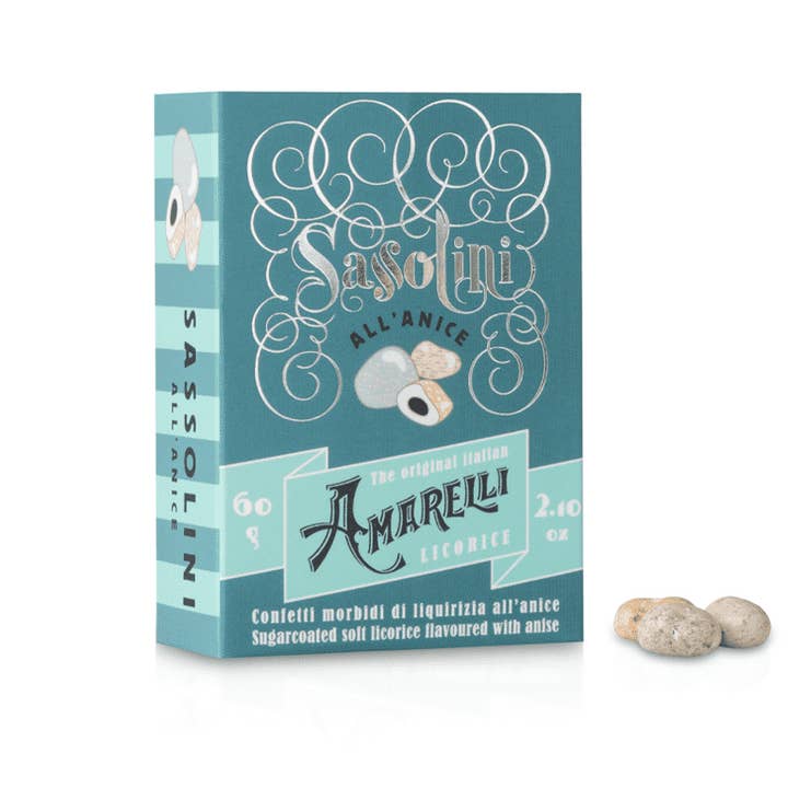 SASSOLINI 60g box Sugar coated Licorice flavored with Anise for wholesale by Amarelli Fabbrica Di Liquirizia