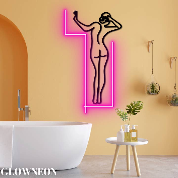 Impressões de desenho de uma linha, pose corporal de mulher nua, arte de casa de banho por atacado de Glow Neon