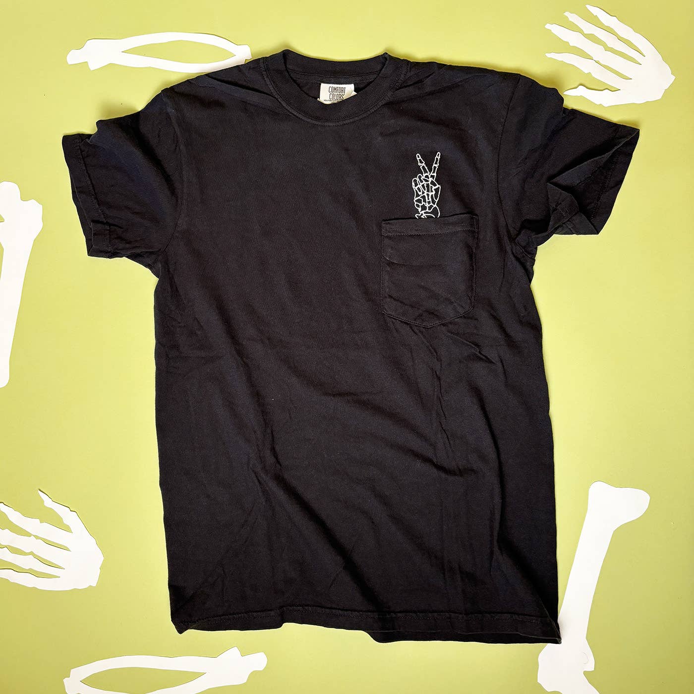 Animal Instincts - Wholesale T-Shirt - Unisex - Unisex Embroidered Skeleton Peace Hand Pocket Tee1