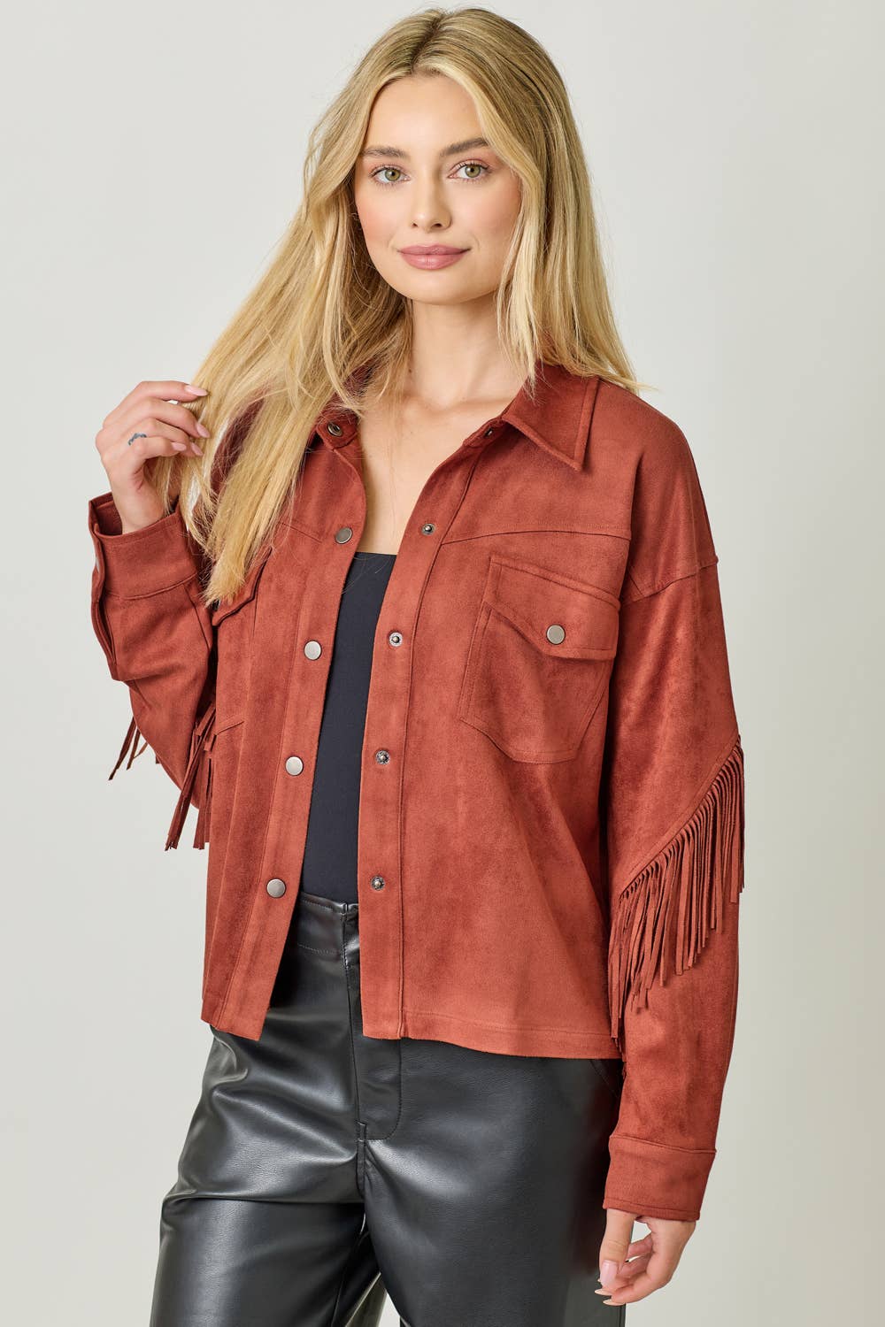 Mystree - Vendita all'ingrosso Giacca a camicia - Donna - 20609 Giacca Camicia in Suede con Dettaglio sul Retro a Frange26