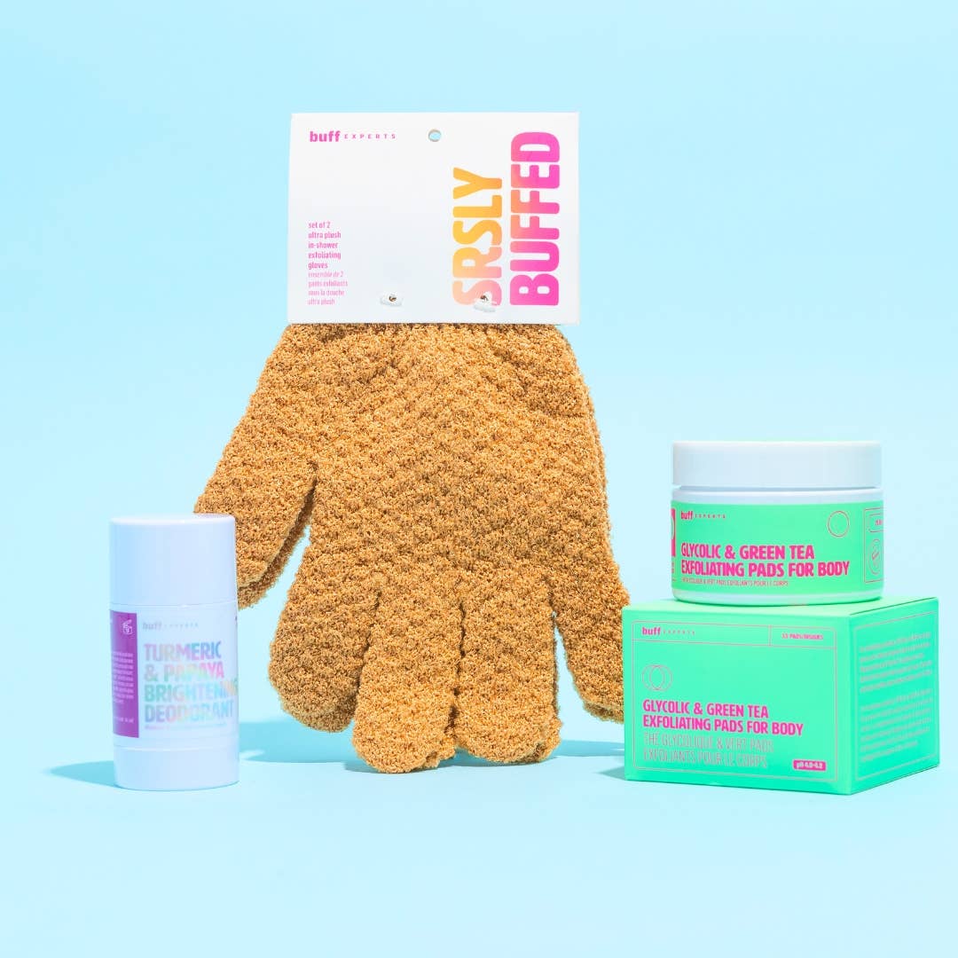 Buff Experts - 🇨🇦 - Vente Gants/moufle pour gommage - Gants exfoliants polis SRSLY - Traitent la peau sèche3