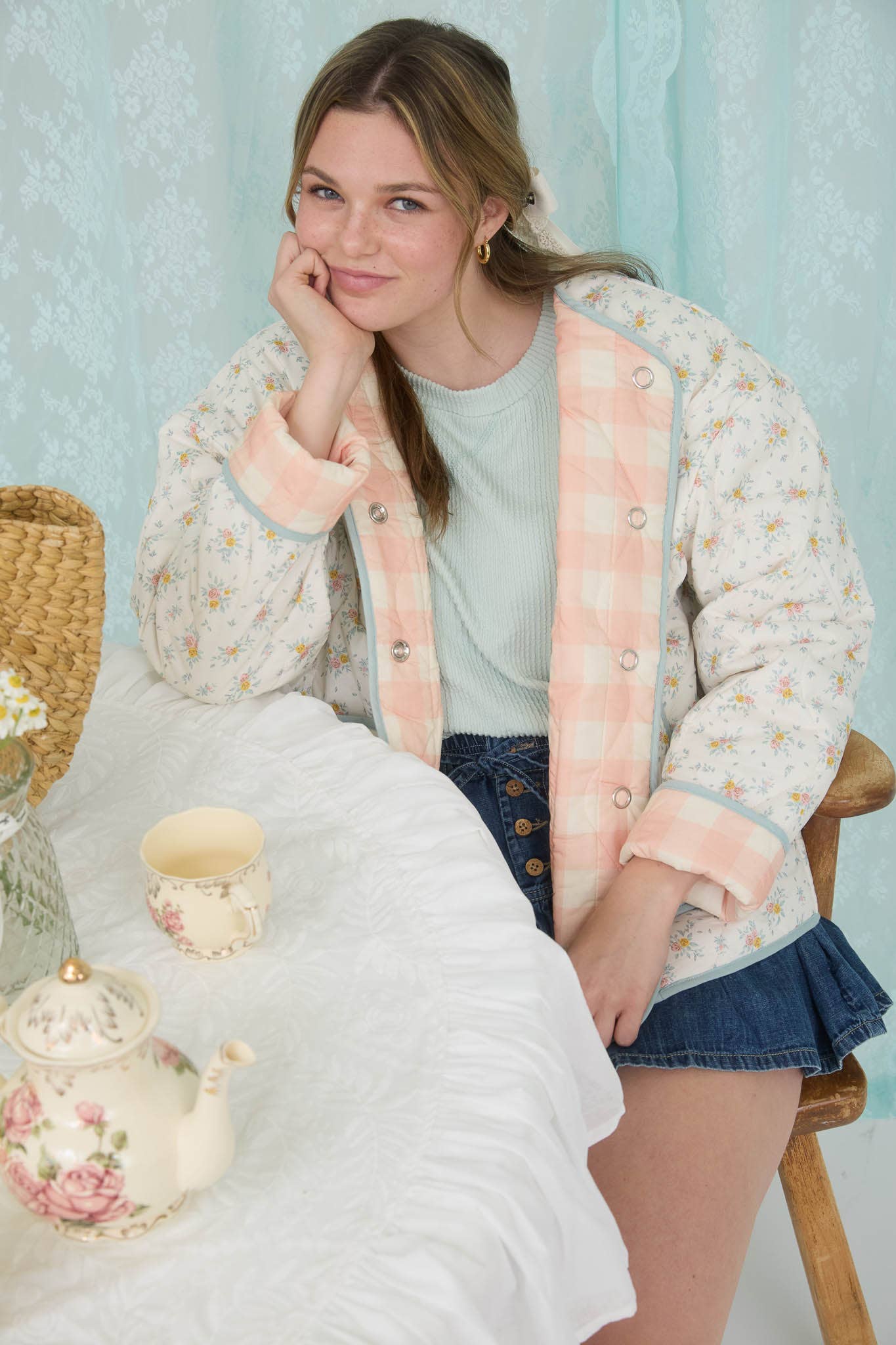 CREAM MULTI FLORAL QUILTED PLAID LINED JACKET for wholesale on Faire3