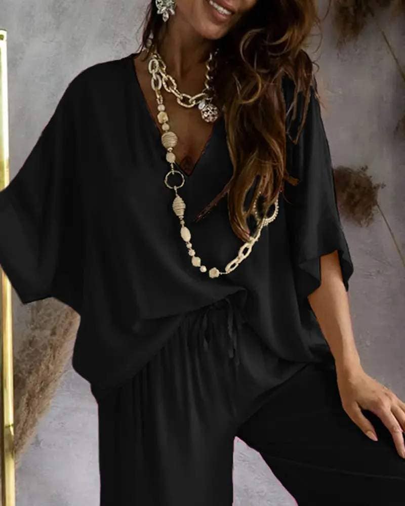 Fashion Combination - Vente Ensemble haut et jupe - Femme - Ensemble de pantalons décontractés à col en V et manches chauve-souris10