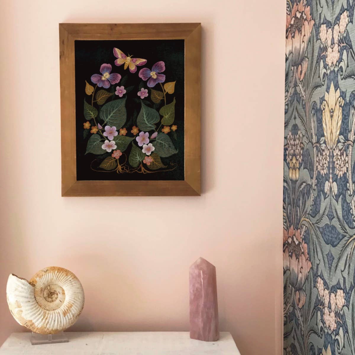 Folk Meadow - Wholesale Art Print - Rosy Maple Moth Dark Botanical Print - 8x10 1