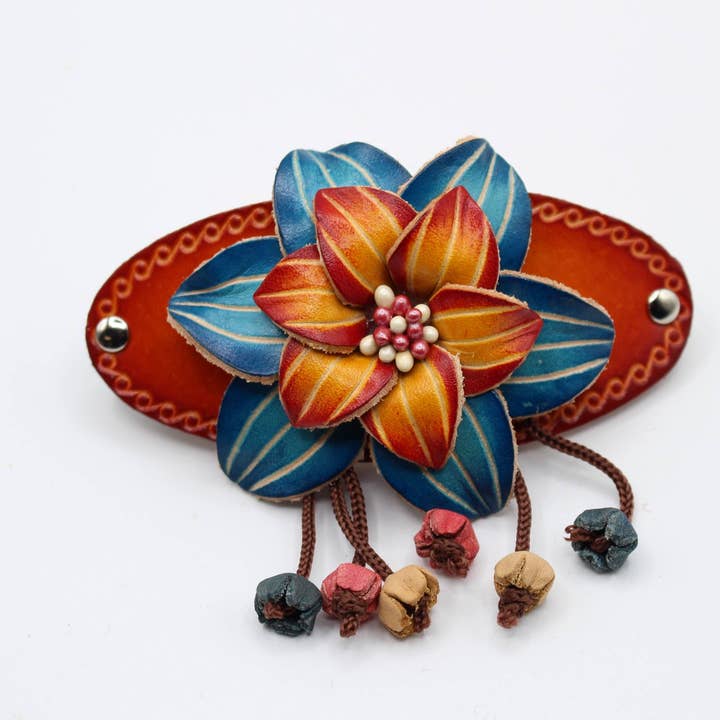 Handmade Leather Barrette floral design -G276 for wholesale by Sunflower Handmade leather inc