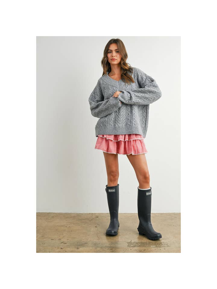 BUTTERMELON - Wholesale Knit Sweater - Women's - V-Neck Cable-Knit Long Sleeve Top - BMW787245