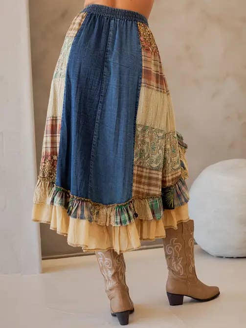 DENIM Western Boho Chic: Patchwork Midi Skirt Boho Babe (XS-S-M) for wholesale on Faire