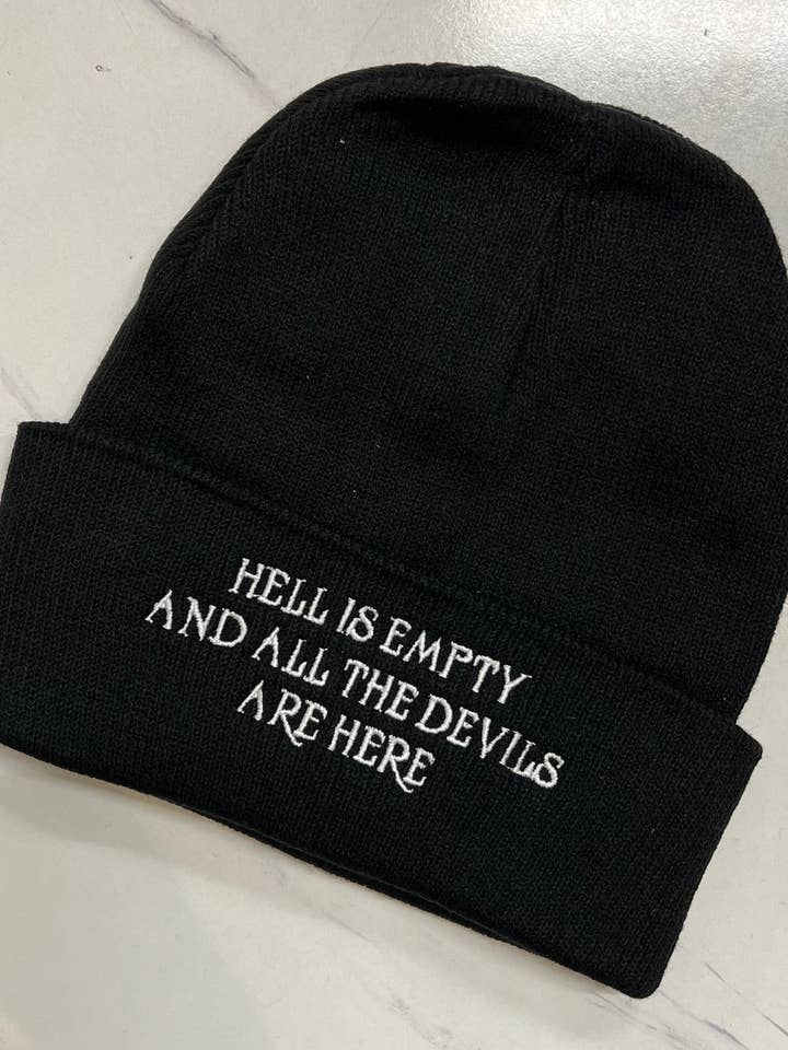 Vegan Beanie - Hell is empty and all the devils are here - READY TO SHIP for wholesale by Witchwood Bags