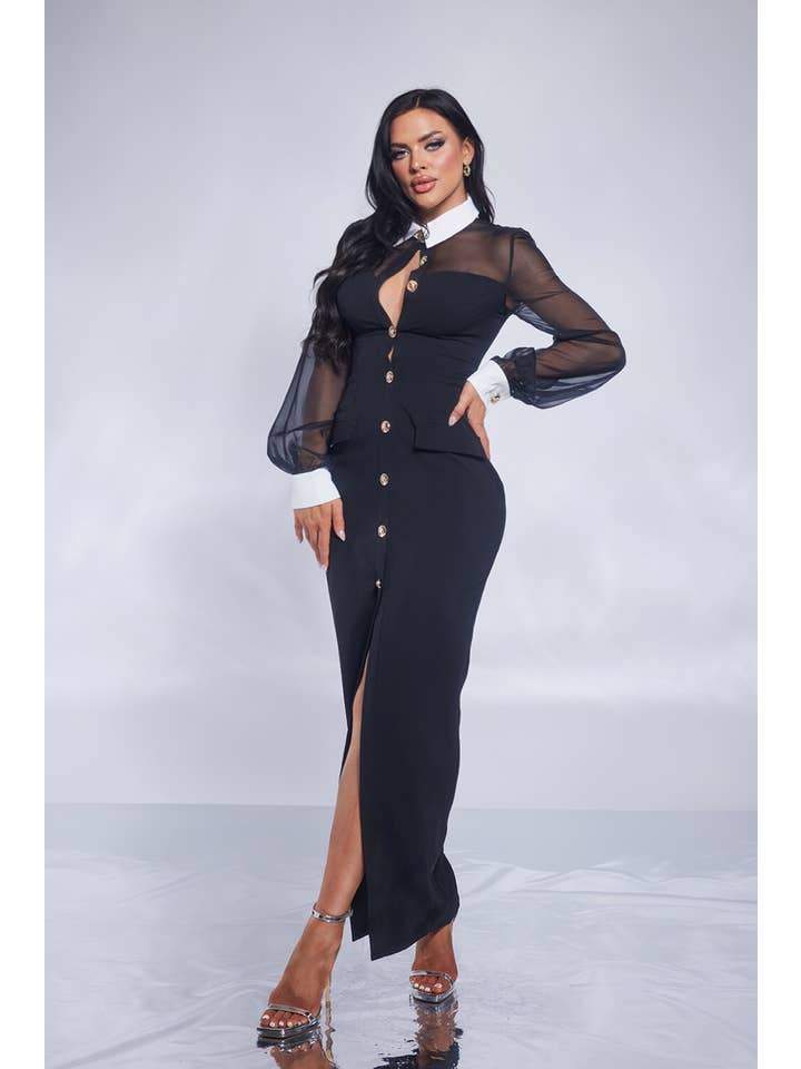WFFS - Vente Robe – femme - Robe longue chic avec boutons sur le devant6