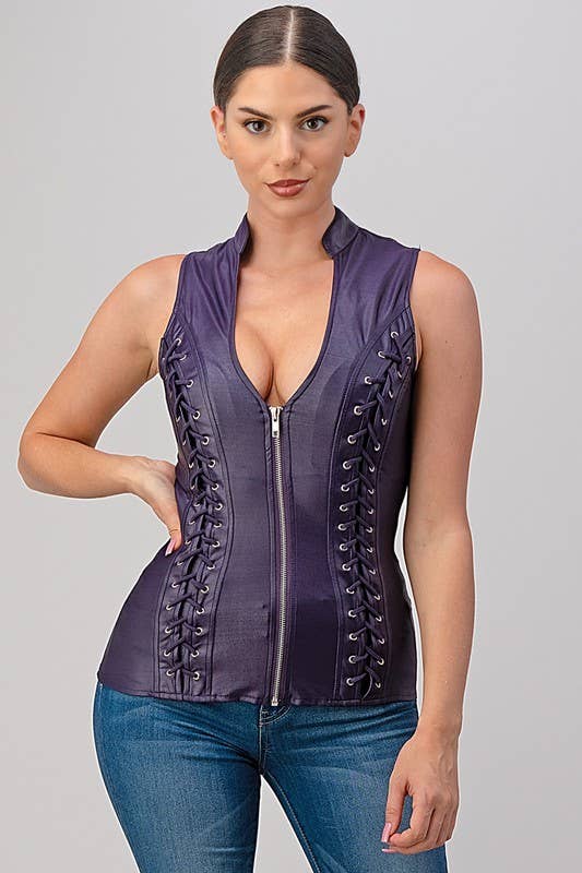 Lydia USA - Wholesale Blouse - Women's - Sexy Pleather Sleeveless Zip Up Top with Cross Cut17