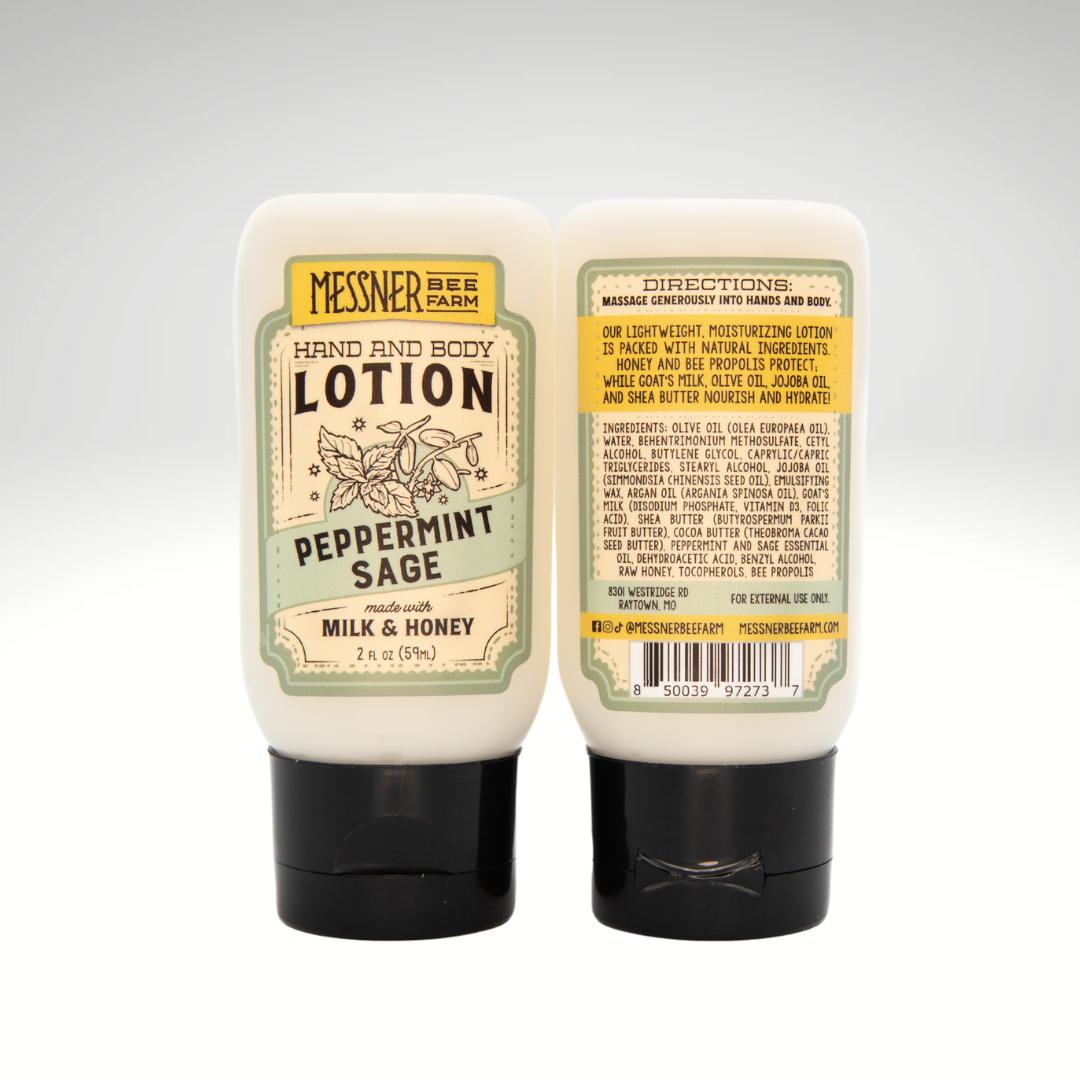 Messner Bee Farm - Vente Crème/lotion pour le corps - Peppermint Sage - Lotion au lait et au miel - 2 oz. Voyage1