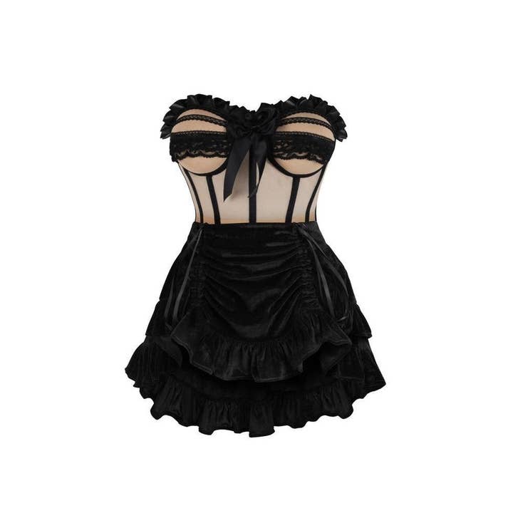 Top Drawer 2 PC Steel Boned Nude & Black Mesh Underwire Bustier Corset & Skirt Set for wholesale by Daisy Corsets