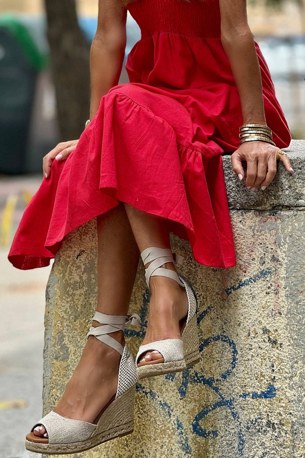 Lovesoft - Wholesale Dress - Women's - Fiery Red V Neck Flutter Sleeve Smocked Bodice High Waist Ruffle Maxi Dress2