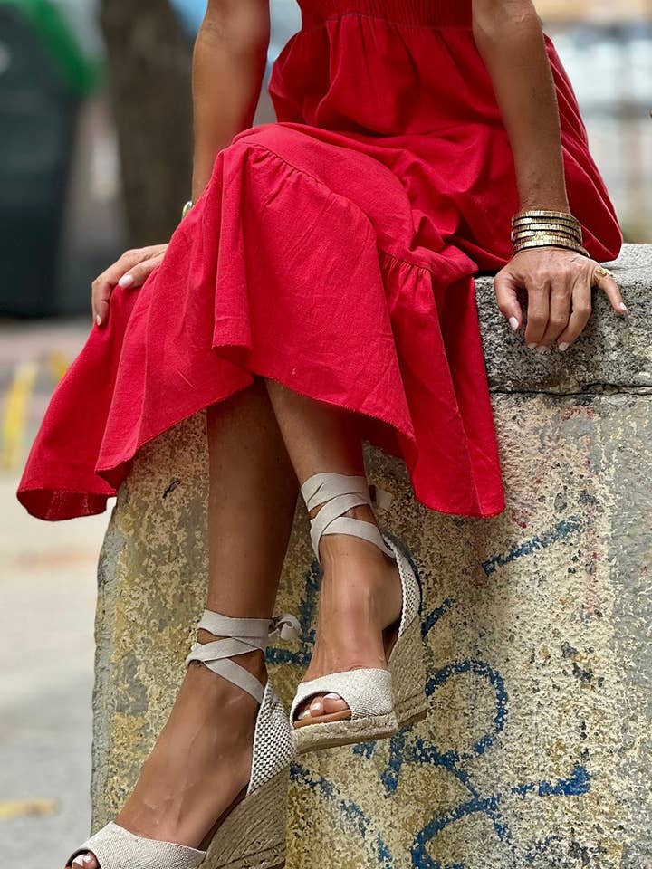 Lovesoft - Wholesale Dress - Women's - Fiery Red V Neck Flutter Sleeve Smocked Bodice High Waist Ruffle Maxi Dress2