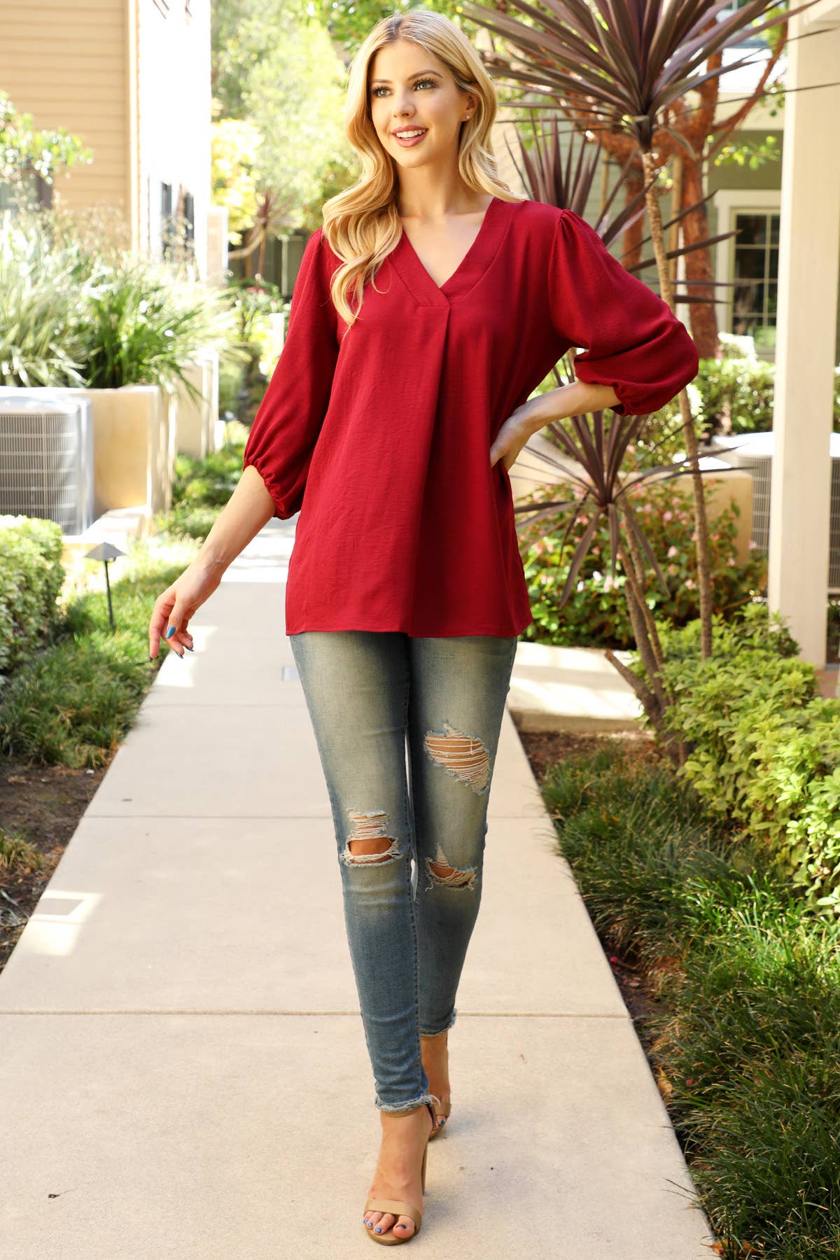 You & Me – wholesale Blouse – Women’s – YMT20085V-V-NECK BAND ELASTIC TUNNEL SLEEVE WOVEN TOP - FALL32