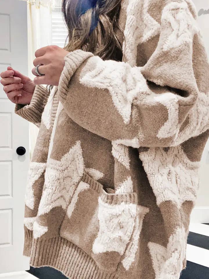 Lovesoft - Wholesale Cardigan - Women's - Pink Sherpa Star Knit Button Cardigan with Pockets1