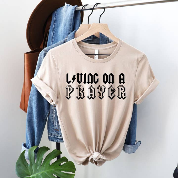 Living On A Prayer Heather Tan Tee Black Ink for wholesale by Simply Tees