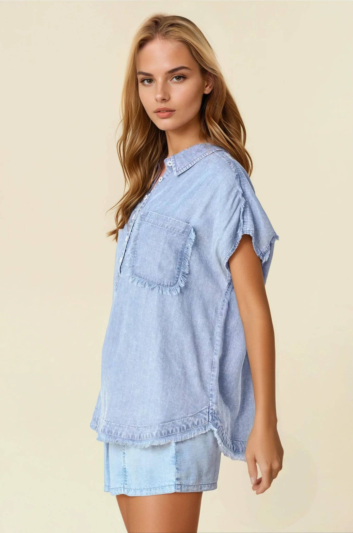 TENCEL DENIM FRAY DETAILED DOLMAN SHORT SLEEVE TOP - 44204T for wholesale on Faire2