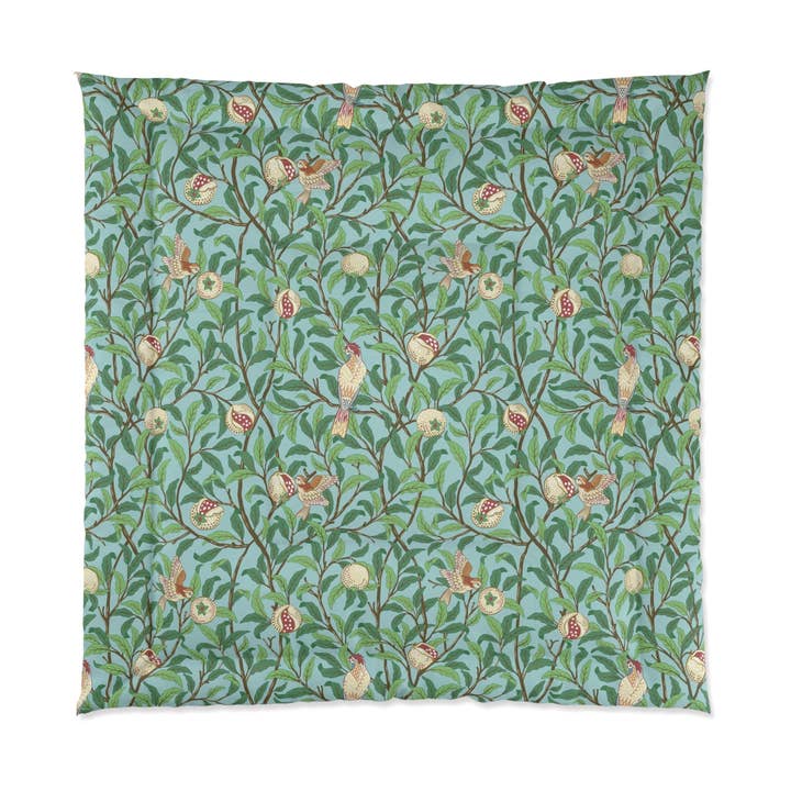 Edredón inspirado en William Morris - Colección de Pájaros y Granadas (Azul Tiffany) para venta al por mayor de Willy Morris Home Emporium
