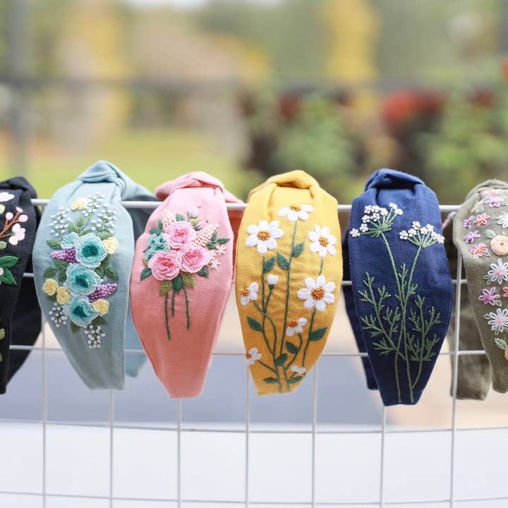 Floral Embroidered Linen Turban Headband for wholesale by Finer Embroidery