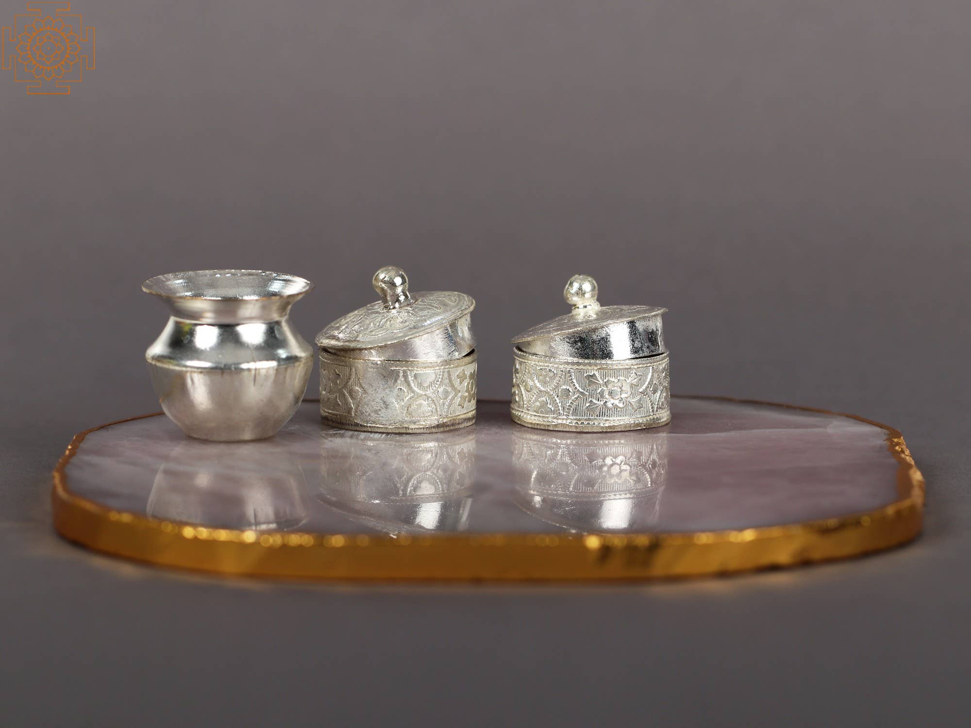 Exotic India Art – wholesale Jewellery dish – Rose Quartz Plate with Kumkum Box and Gangajali1