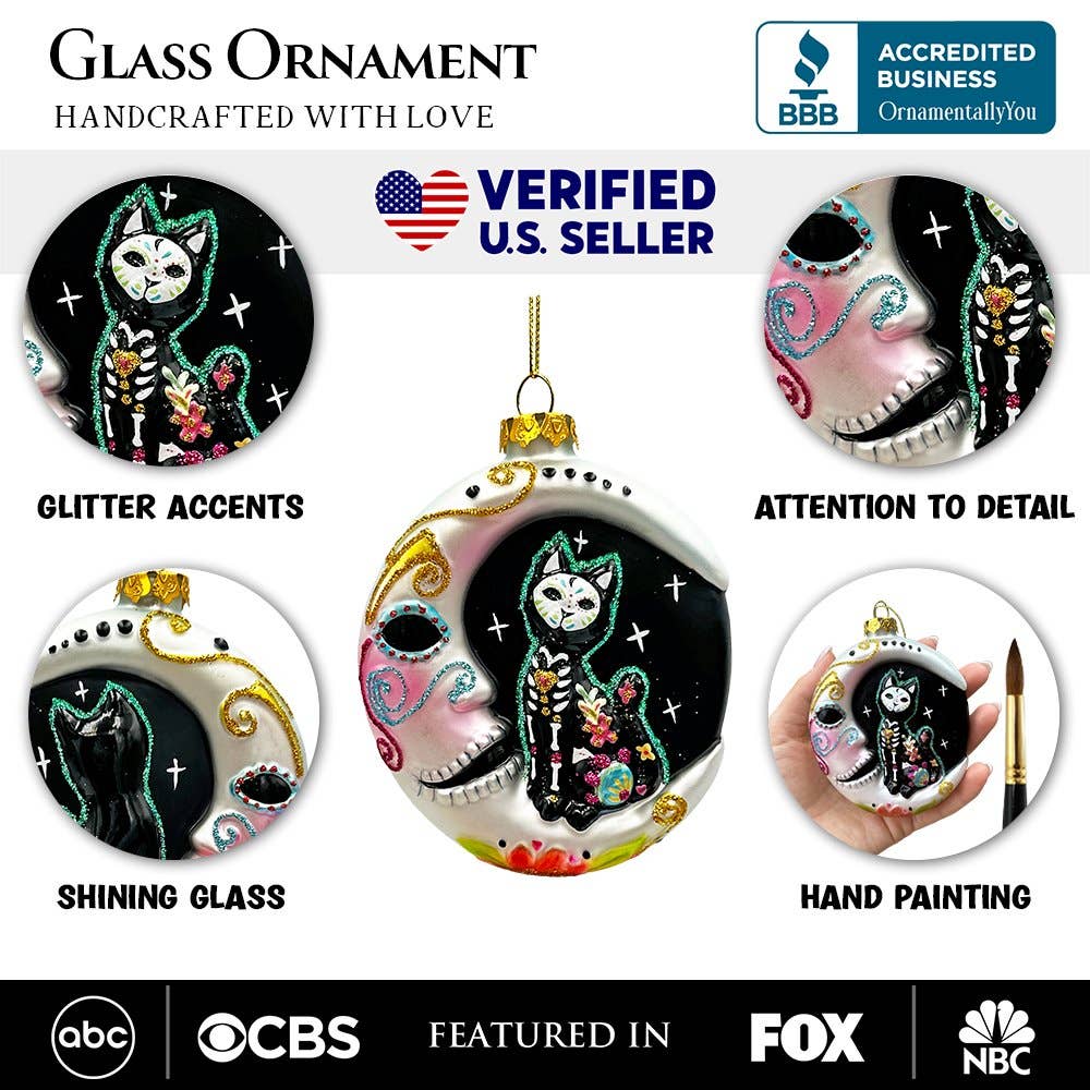 OrnamentallyYou - Wholesale Ornament - Folkloric Siamese Cat Sugar Skull Glass Ornament2