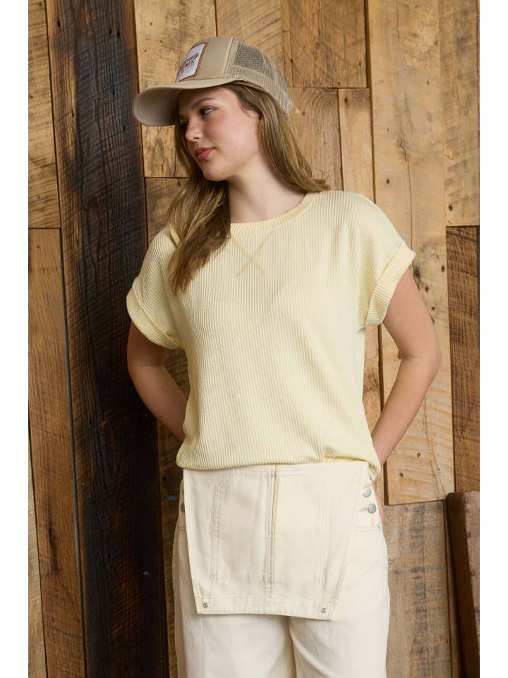J.O.A - Wholesale Knit Top - Women's - CREW NECK SHORT CUFF SLEEVE RIBBED KNIT TOP7