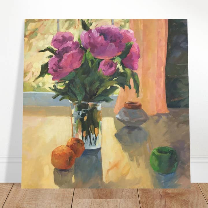 'Blomstrende blomster og frisk frugt' Blomstermotiv stilleben I 16x16 Museumskvalitet mat papir plakat | Original kunstværk af amerikansk kunstner Barbara Cleary for engroshandel hos Barbara Cleary Designs