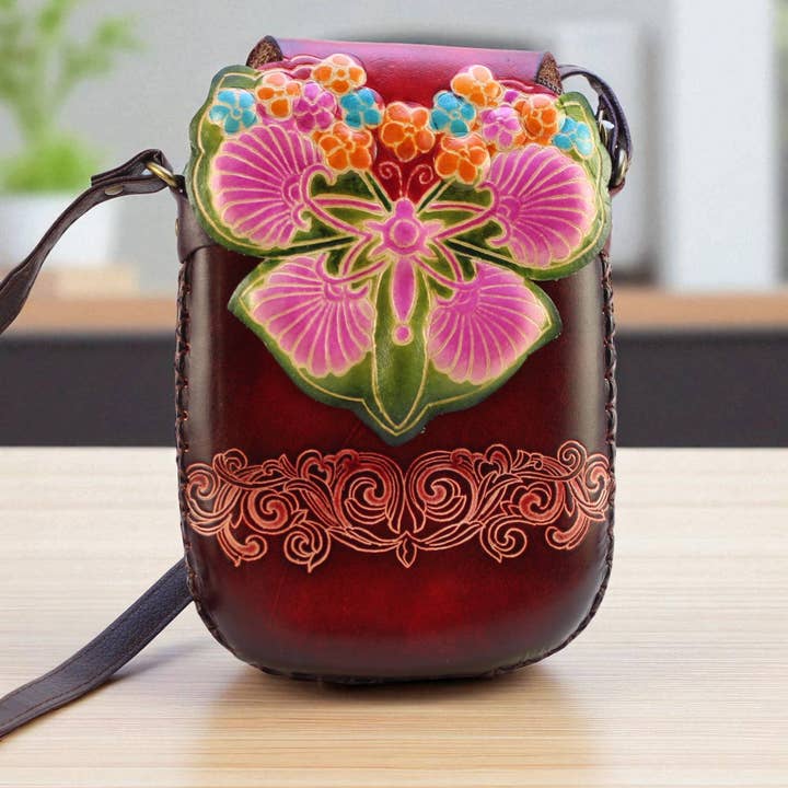 Sunflower Handmade leather inc - Vendita all'ingrosso Tracolla - Donna - Borsa a tracolla rettangolare in pelle fatta a mano con farfalla per telefono.2