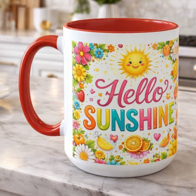 Hello Sunshine Color-Accent Mug for wholesale by Upside Down Owl Farm