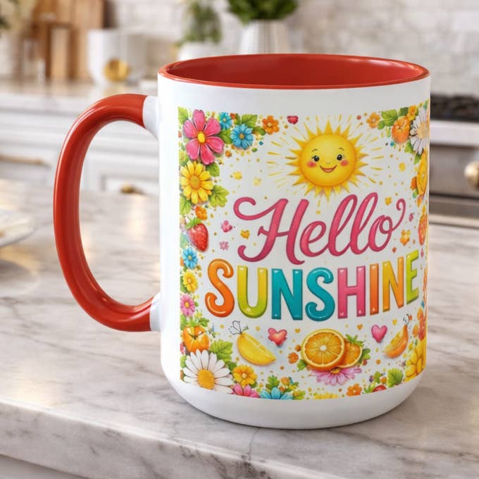 Hello Sunshine Color-Accent Mug for wholesale by Upside Down Owl Farm