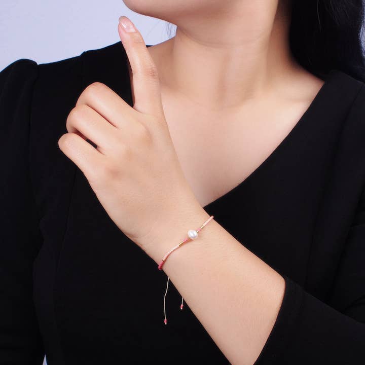Aim Eternal - Wholesale Beaded Bracelet - Dainty Shell Pearl Cord Bracelet Barbiecore Pink Gold Cylinder Beaded Adjustable Bracelet WA-21771