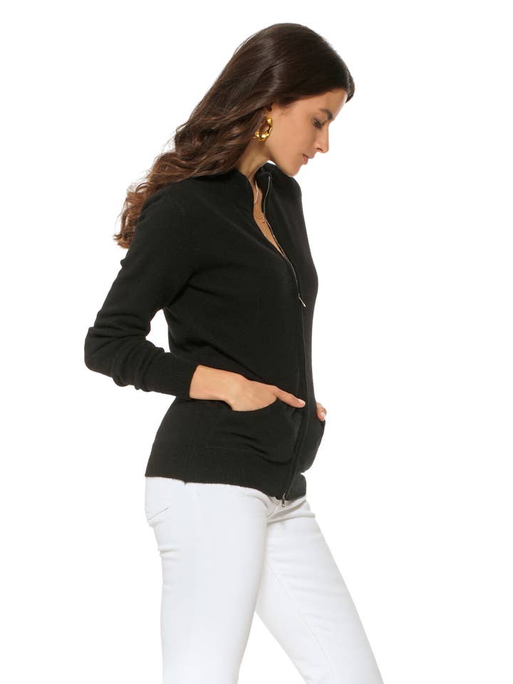 Oprah Daily - Women's Pure Cashmere Zip Cardigan Black for wholesale on Faire2
