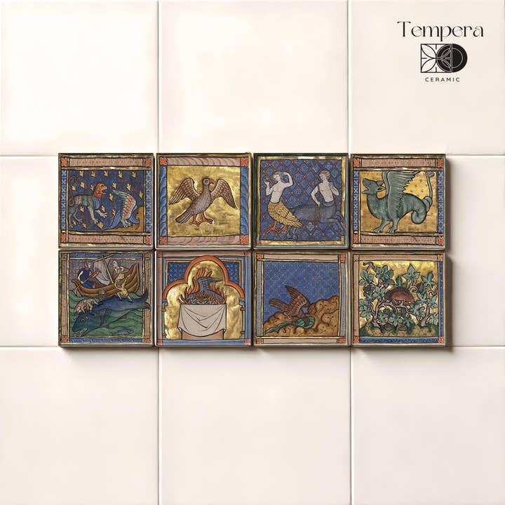 Set di 8 piastrelle decorative Bestiari, piastrella decorativa Bestie Medievali per la vendita all'ingrosso da parte di Tempera Art