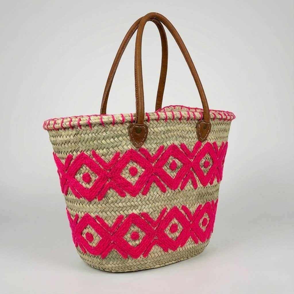 Melecraft - Vente Paniers - Cabas de marché en paille brodé d'arabesques avec poignées en cuir8