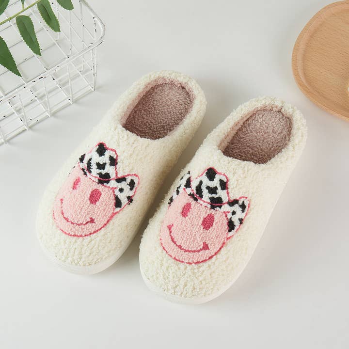 Happy Face w Cowboy Hat Soft Home Slippers for wholesale by Fashion City