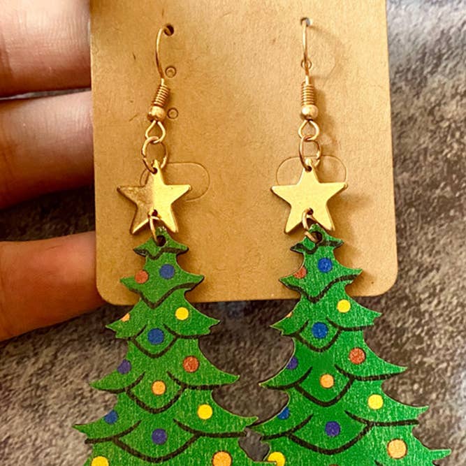 UNISHE - Wholesale Dangle Earrings - Christmas Tree Grinch Wood Earrings MOQ 5PCS ZZKF314