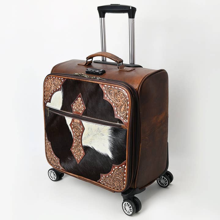 ADBG1571 Cowhide & Tooled Leather Rolling Luggage - Western Carry-On Spinner for wholesale by LS Western