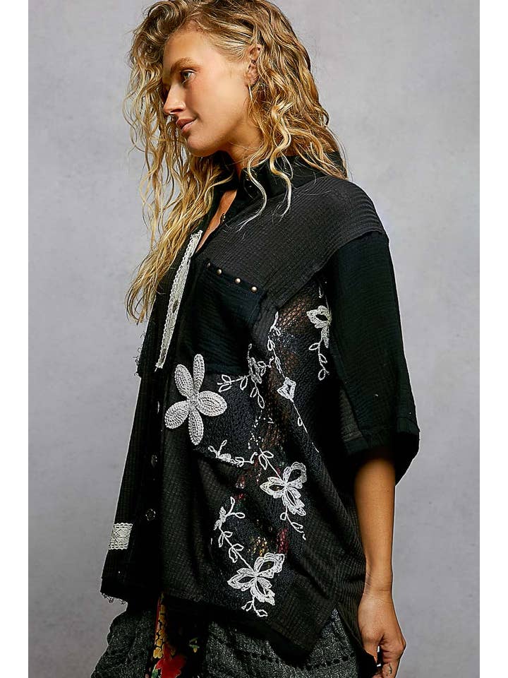 Pol Clothing - Wholesale Button Down Shirt - Women's - Collared Studded Button-down Short Sleeve Knit Shirt Top1