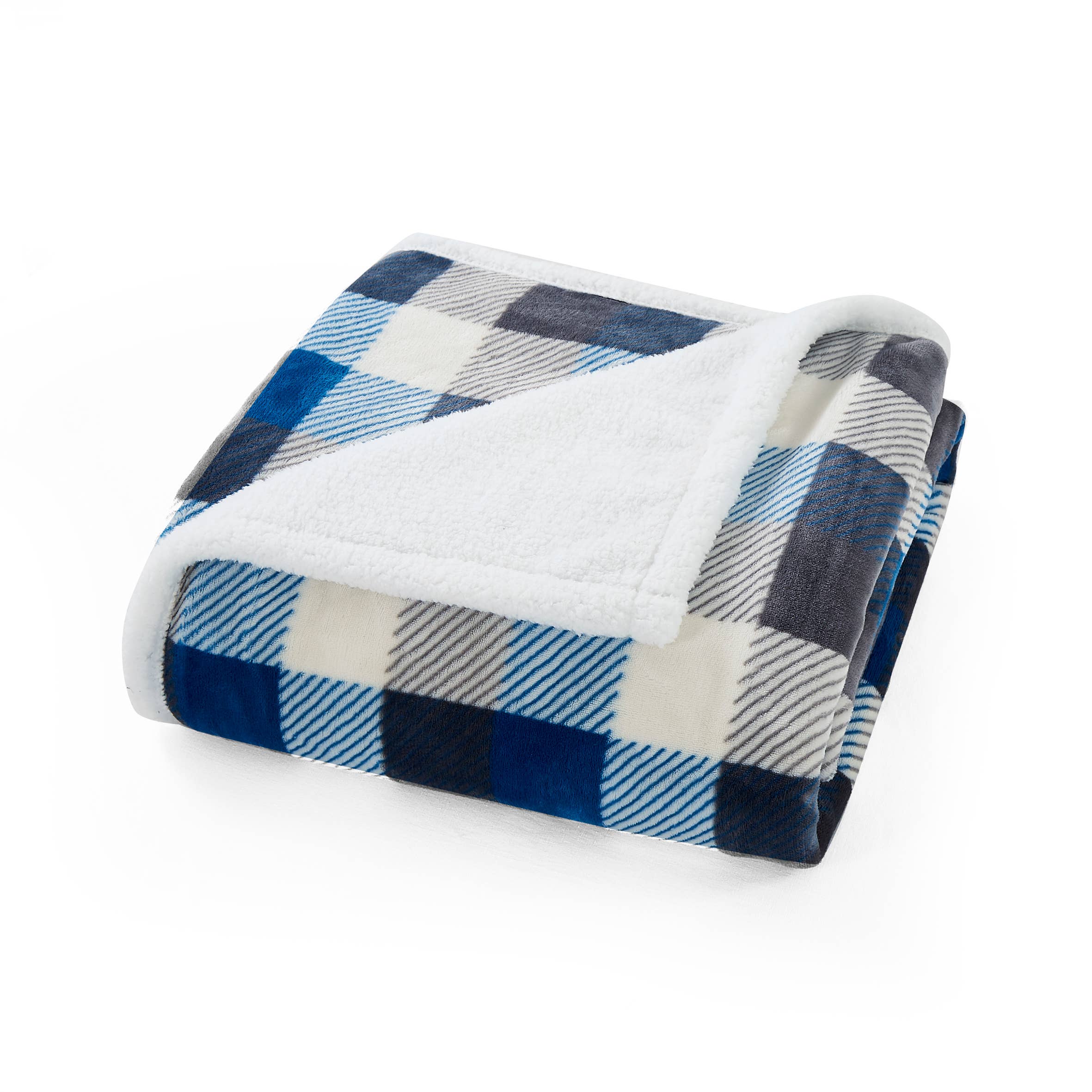Duke Imports - Vendita all'ingrosso Plaid - Coperta in flanella Sherpa a quadri blu e grigi 50"x60"5