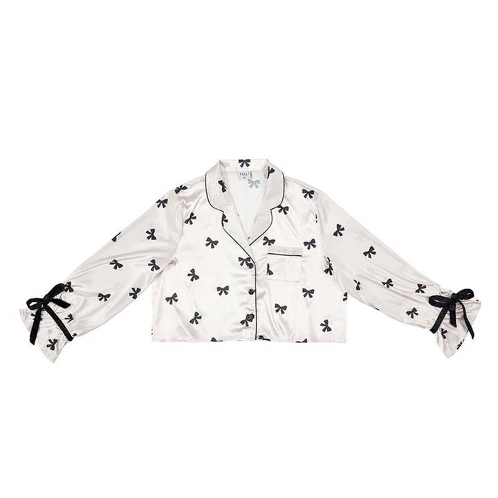 Velvet Two-Piece PJ Set - Ivory/Black Bows for wholesale by Bella Sleep + Spa