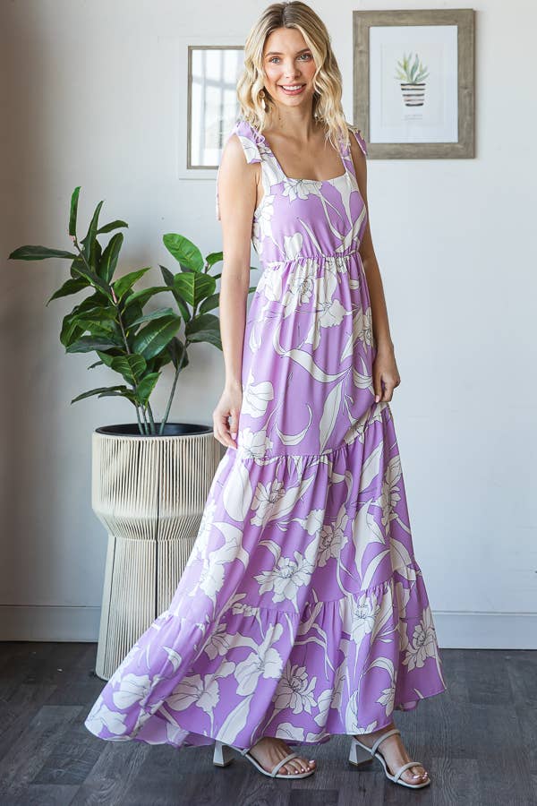 7th Ray - Vendita all'ingrosso Vestito - Donna - Vestito lungo a balze con spalline a fiocco e scollo quadrato floreale D59299