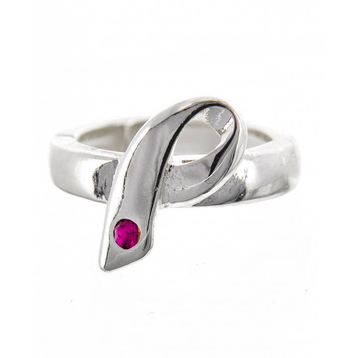 FR3691 Pink Ribbon Fuchsia Rhinestone Twist Stretch Ring for wholesale by 0011 PREMIERE