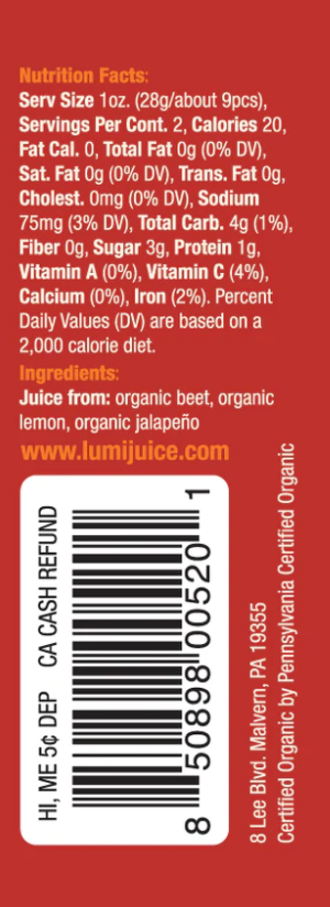 Lumi Juice - Wholesale Wellness Juice/Tonic - Hot Shot Organic Beet, Jalapeño & Lime Wellness Tonic1