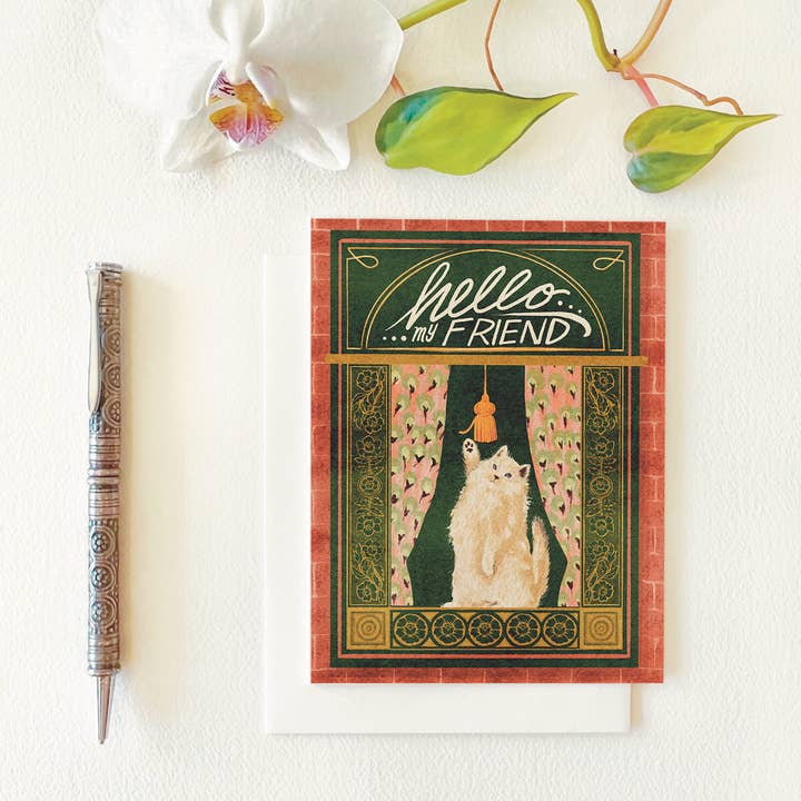 Folk Meadow - Wholesale Friendship Card - Hello Friendly Cat Greeting Card1