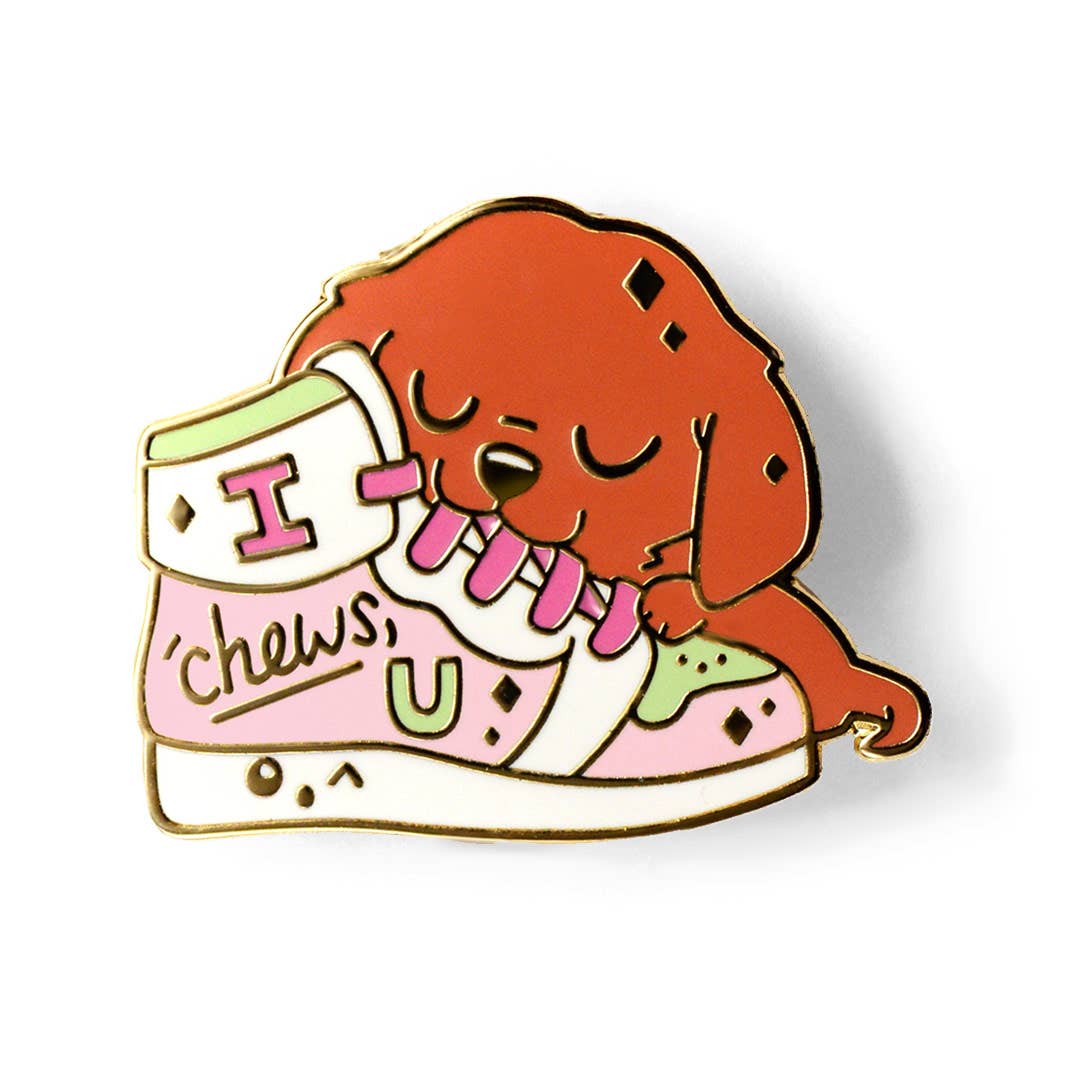 Flair Fighter – wholesale Lapel pin/button – "I Chews U" Golden Retriever Shoe Enamel Pin, father's day
