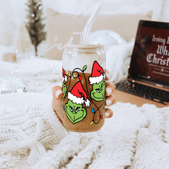Sip-Sip Hooray! - Wholesale Drinking Glass/Cup - Grinch Inspired Christmas Lights 16oz Glass Can Cup with Lid and Straw